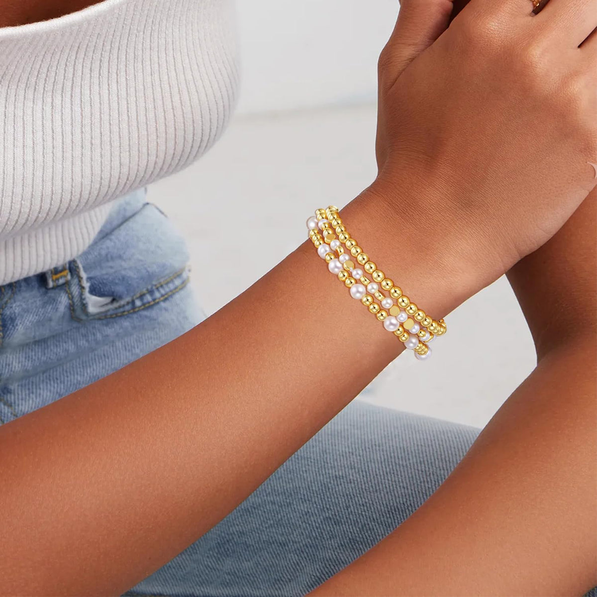 COLOYAN 10PCS Gold Bracelets for Women Stack, Cross Beaded Strand Bead Ball Stackable Gold Bracelet, Pearl Beaded Bracelets Elastic Bracelet Set