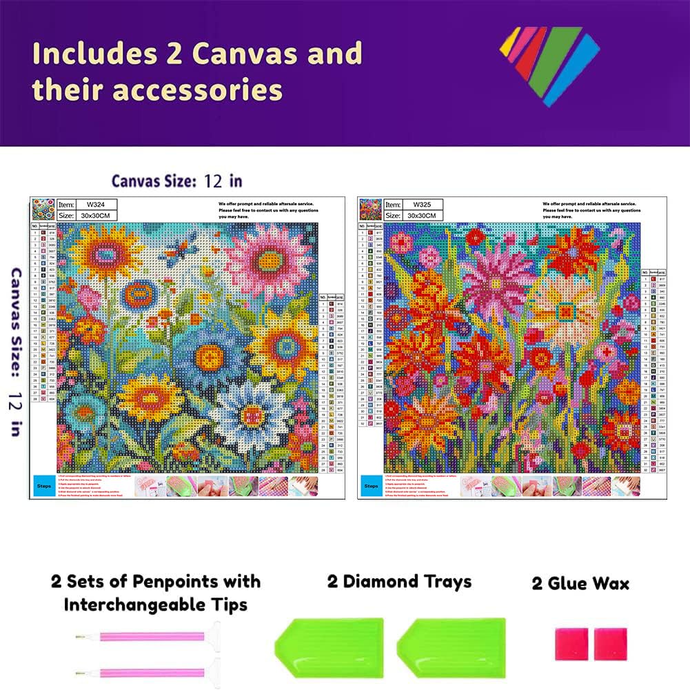 OFRKE 2-Piece Flowers Diamond Painting Kits for Adults, Round Full Drill 5D DIY Diamond Art Kits for Home Wall Decor 12"x16"