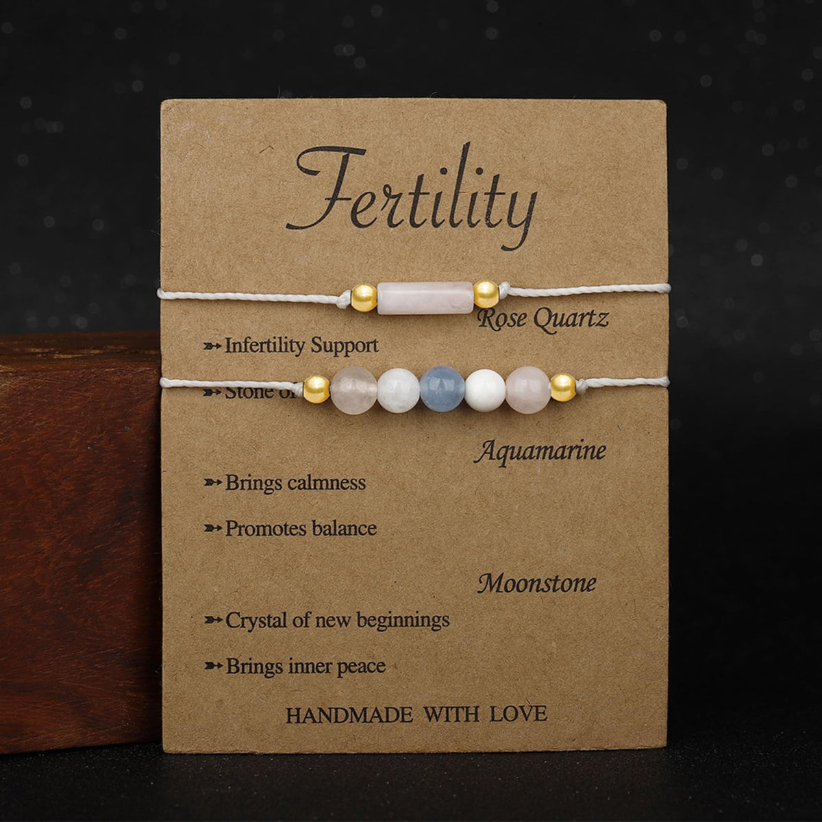 IQIC Handmade Fertility & Pregnancy Bracelet with Natural Rose Quartz, Aquamarine & Moonstone, Healing Crystal Bracelet for Pregnant Women, Comes with Blessing Card for Safe Delivery & New Beginnings