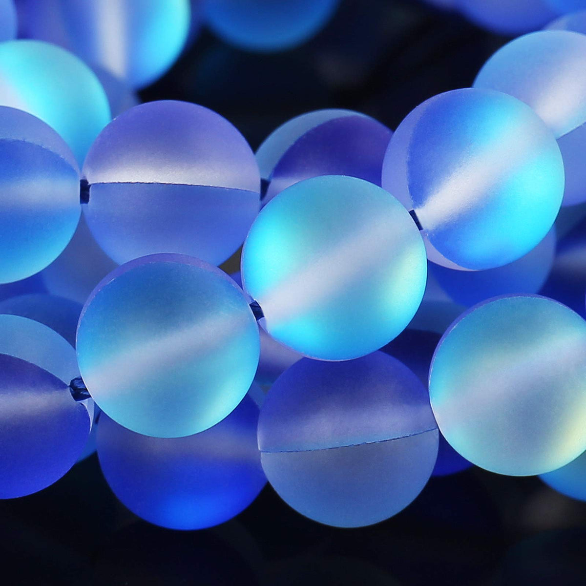 Matte Blue Aurora Crystal Glass Beads, 8MM Frosted Glitter Shining Mermaid Round Loose Beads, Rainbow Holographic Synthetic Moonstone for Jewelry Making DIY Bracelet