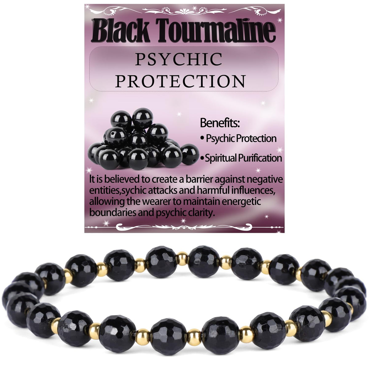 QOGIR Black Tourmaline - Psychic Protection - 14K Gold Plated Beads Natural Gemstone Stretch Elastic Dainty Healing Beaded Bracelets Gifts 6mm