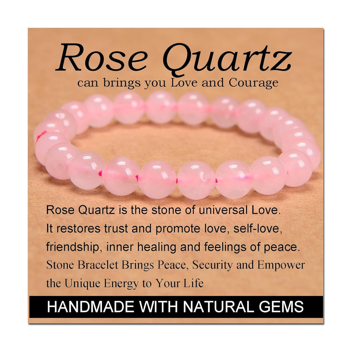 CHELYQST Rose Quartz Bracelet - Stone of Love and Courage,Stretch Natural Stone Crystal Beads Jewelry Gifts for Women Men Unisex Adult,8mm