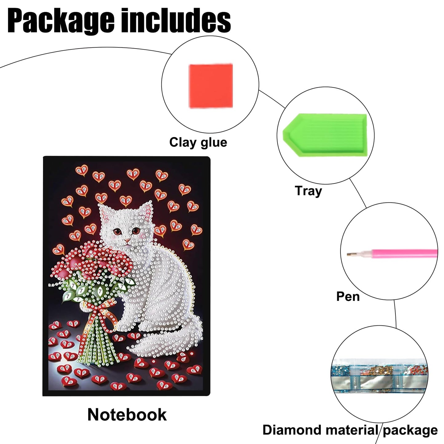 SHEGZHUC Diamond Painting Notebook Journal A5 Blank 14.5x21cm/5.7×8.26in Diamond Painting Composition Journaling Notebooks Notepad Sketchbook Diary Special Drills Girls Gifts || Cat Rose Heart Flowers