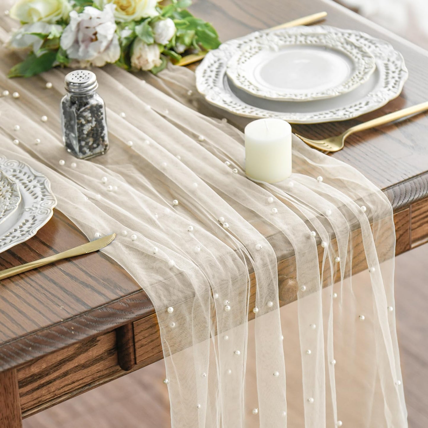 Artoid Mode 3PCS Pearl Beige Gauze Table Runner 120 Inch 10FT, Seasonal Sheer Dining Holiday Wedding Birthday Baby Shower Table Decor for Home Party
