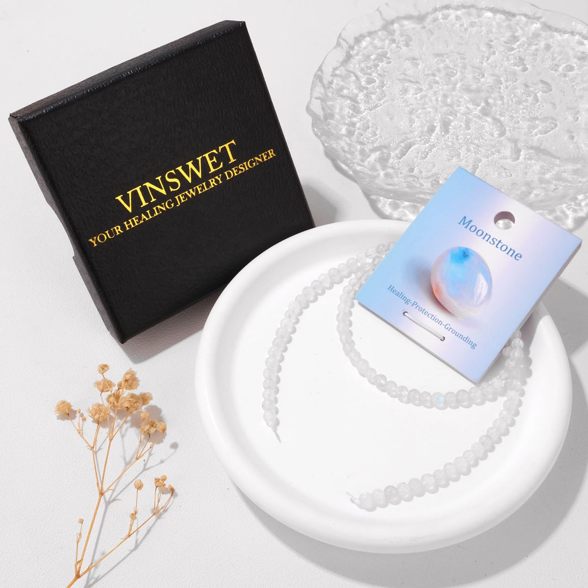 Vinswet 90pcs 4mm Moonstone Natural Stone Beads Round Genuine Real Stone Beading Loose Gemstones DIY Smooth Bead for Bracelet Necklace Earrings Jewelry Making