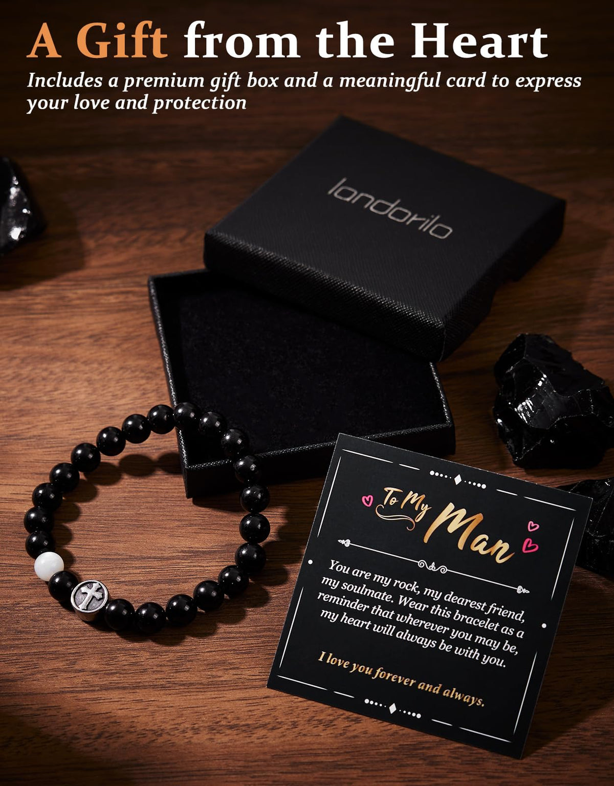 Landorilo Gifts for Men, 8mm Cross Natural Stone Beaded Bracelets, Black Tourmaline Healing Bracelet, Handmade Mens Jewelry Gift for Him, Husband, Son, Father, Friend(To My Son-8.3in)