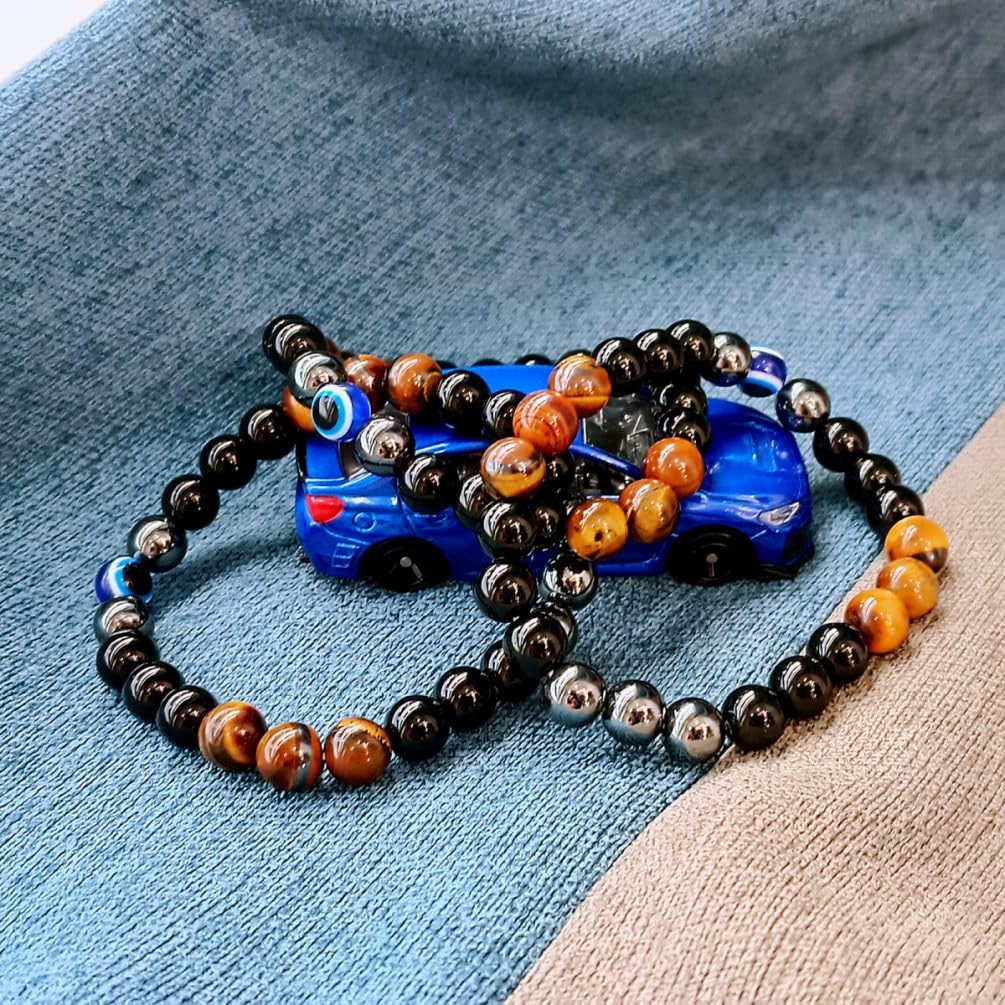 WEFRIN Evil Eye with Hematite Black Obsidian Tiger Eye Stone Triple Protection Bracelets for Men Women, Crystal Stone Bracelet Bring Luck Prosperity and Happiness Jewelry