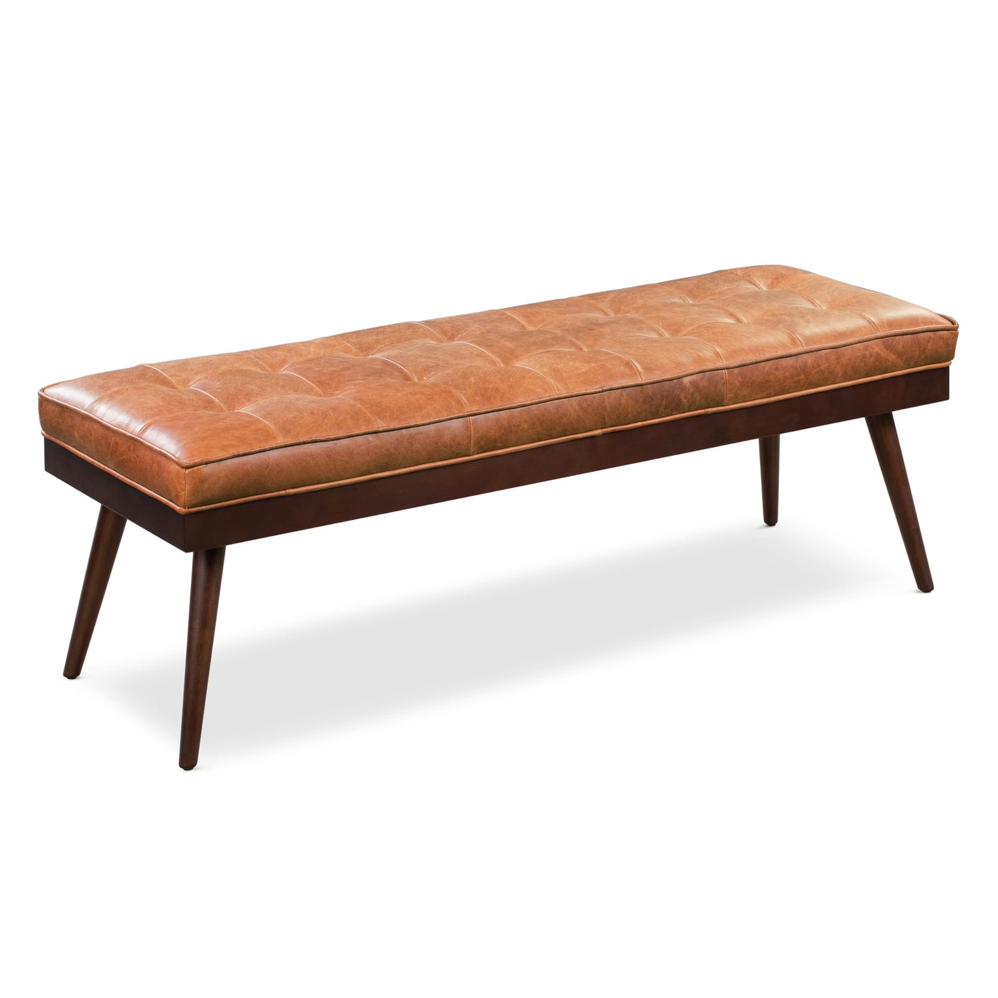 Poly & BARK 55" Tufted Leather Bed Bench for Bedroom End of Bed - Living Room Entry Way Bench - Pure Italian Leather Upholstery with a Solid Wood Frame - Ottoman Bench with Wooden Legs - Cognac Tan