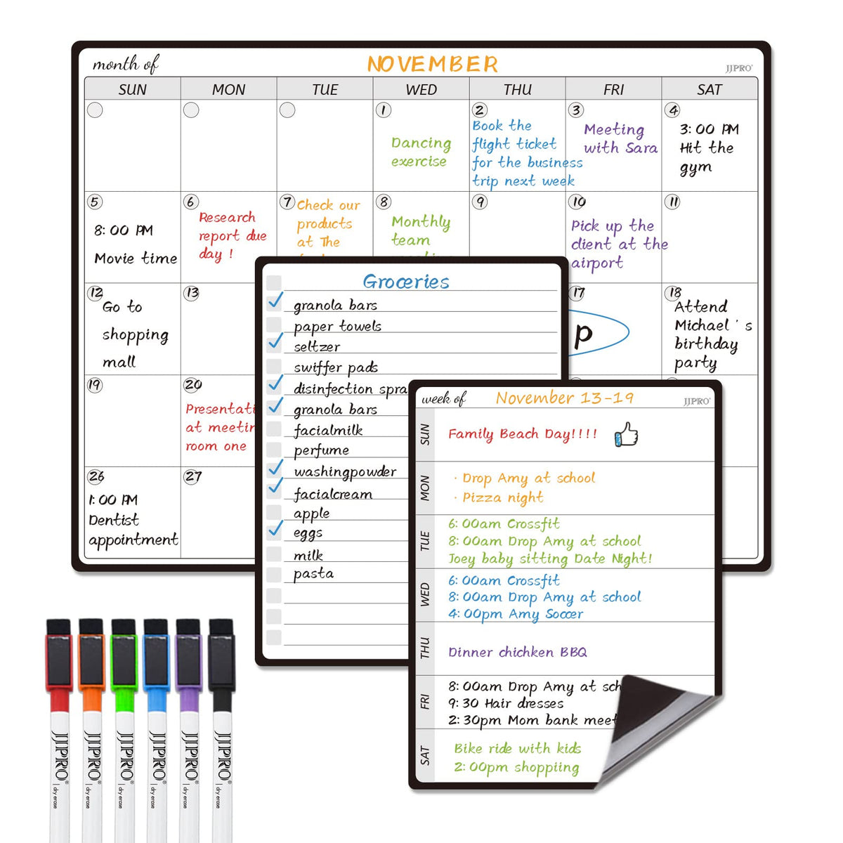 JJPRO Magnetic Monthly Calendar Whiteboard Set for Fridge-Monthly Planning Board and Two Bonus Dry Erase Grocery Board&Weekly Menu Board-Meal Planner Whiteboard/to-Do List-6 Markers