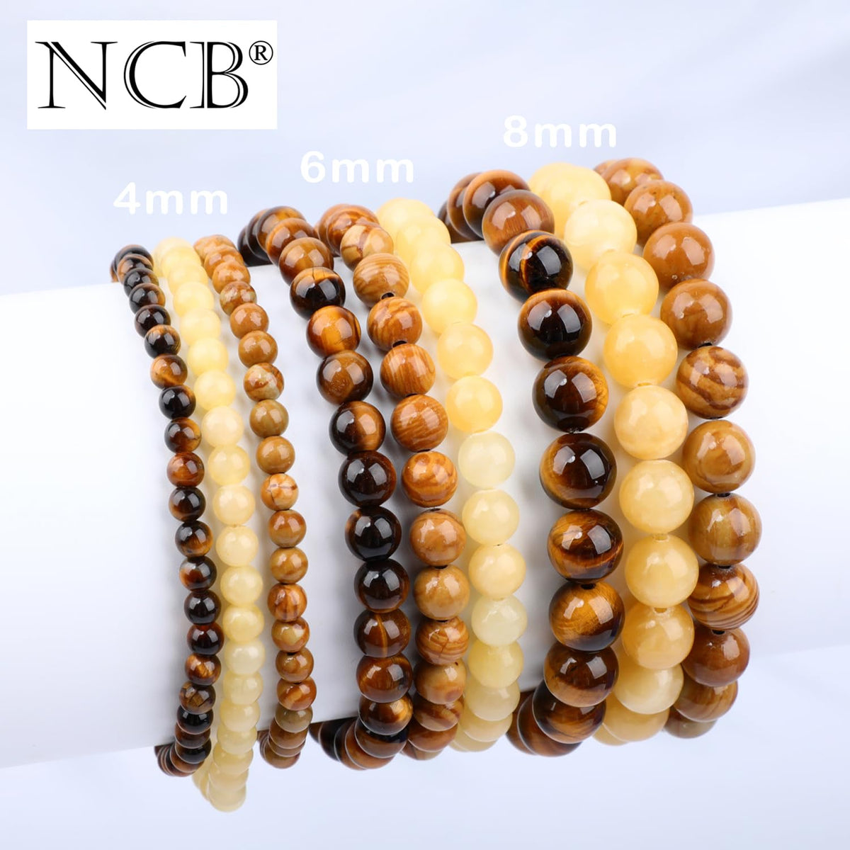 NCB 3-Piece 4mm Natural Crystal Gemstone Stretch Bracelets – ﻿Woodgrain Jasper, Yellow Jade, Yellow Tiger's Eye Handmade Reiki Energy Healing Jewelry for Meditation,Yoga, Unisex