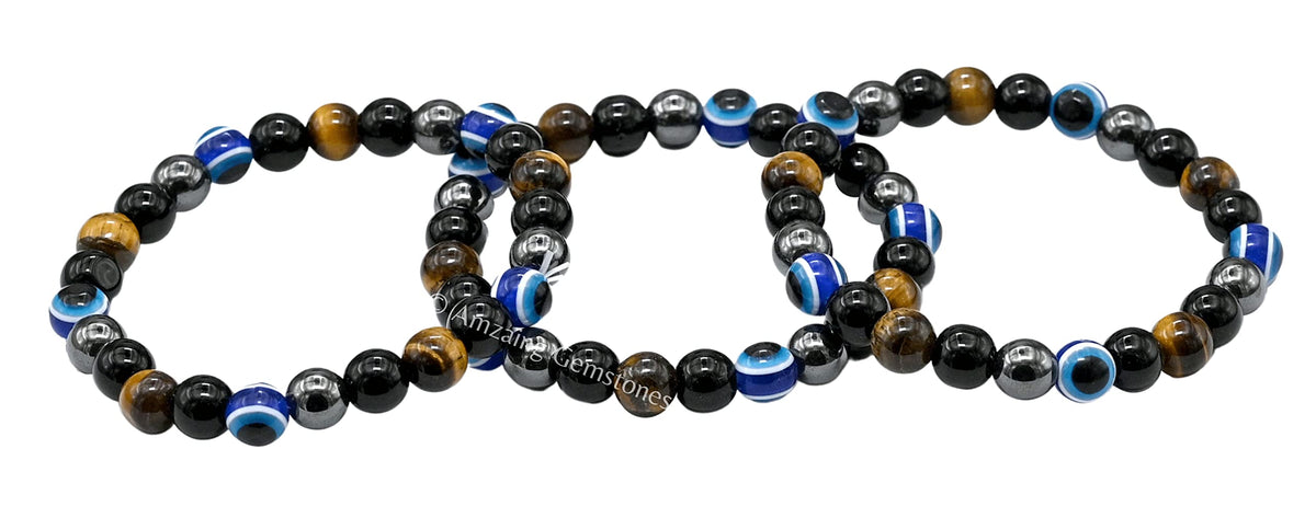 Amazing Gemstone Ultimate Triple Protection Bracelets for Men Women, Evil Eye Bracelet for Protection, Tiger Eye Bracelet, Hematite, Black Obsidian Mens Bracelet, Bad Energy Protection