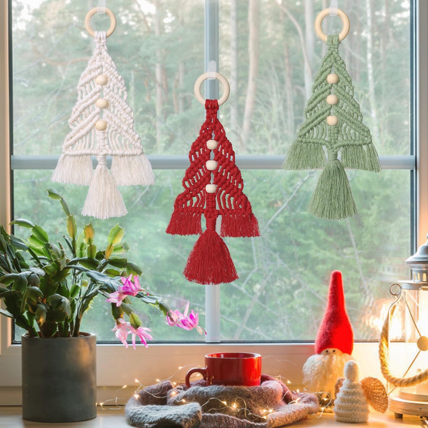 Dremisland Christmas Tree Decoration 3 Set Macrame Hanging Ornaments - Assembled Kits Boho Wall Decor for Winter New Year Party Supplies