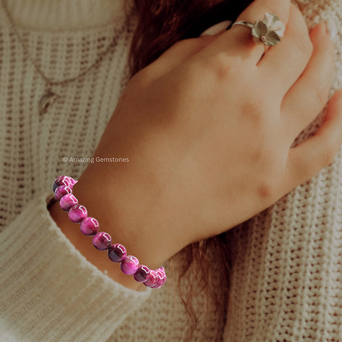 Amazing Gemstone Pink Tiger Eye Bracelet, Gifts For Men & Women - Protection Healing Crystal Bracelet - 8mm Gemstone Beaded Adjustable Bracelet, Pulseras Para Hombres Mujer Stocking Stuffers