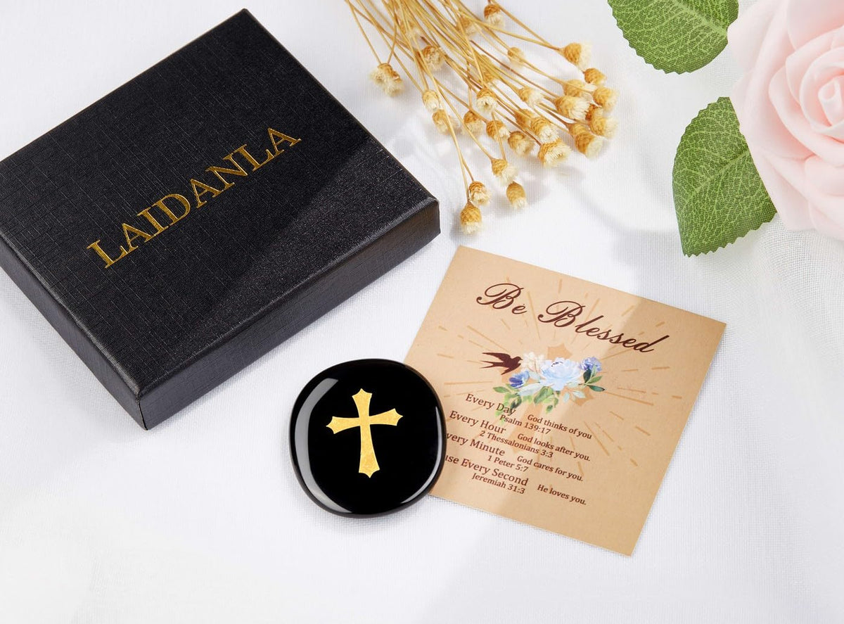 LAIDANLA Black Obsidian Cross Engraved Healing Crystal Worry Stones for Pray Faith Anxiety Relief Oval Palm Stone Polished Natural Crystal Gifts