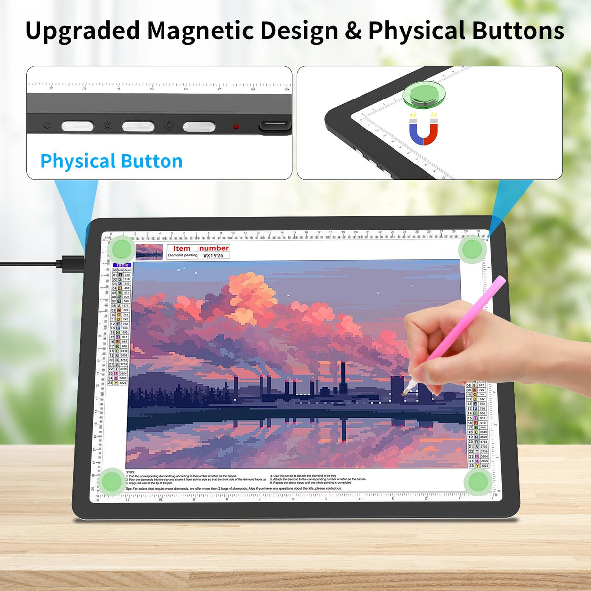 TOHETO A4 Light Board for Diamond Painting, Super Bright Magnetic Light Pad with Side Buttons, Lightbox for Tracing and Drawing, Corded Light Table for Sketching, Animation, Weeding Vinyl (Black)