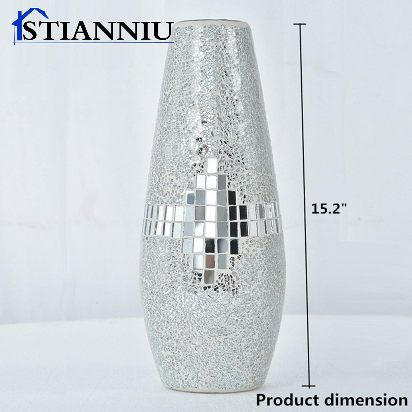 Decorative Shine Vase Stunning Handmade Mosaic Crackle Glass House Decor Table Centerpieces Modern Room Decoration (Silver)