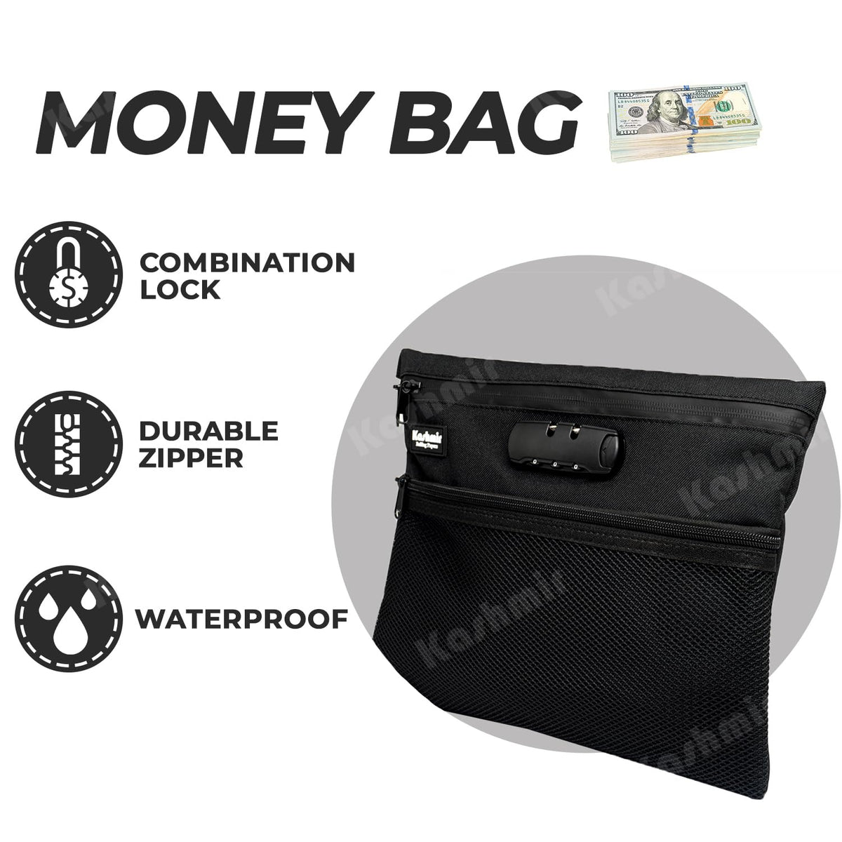 Kashmir Money Bag with Lock 12" x 10" – Waterproof Smell-Proof Cash & Document Organizer with Zipper & Combo Lock – Lockable Pouch for Travel, Business, Passports, Valuables & Notary Supplies