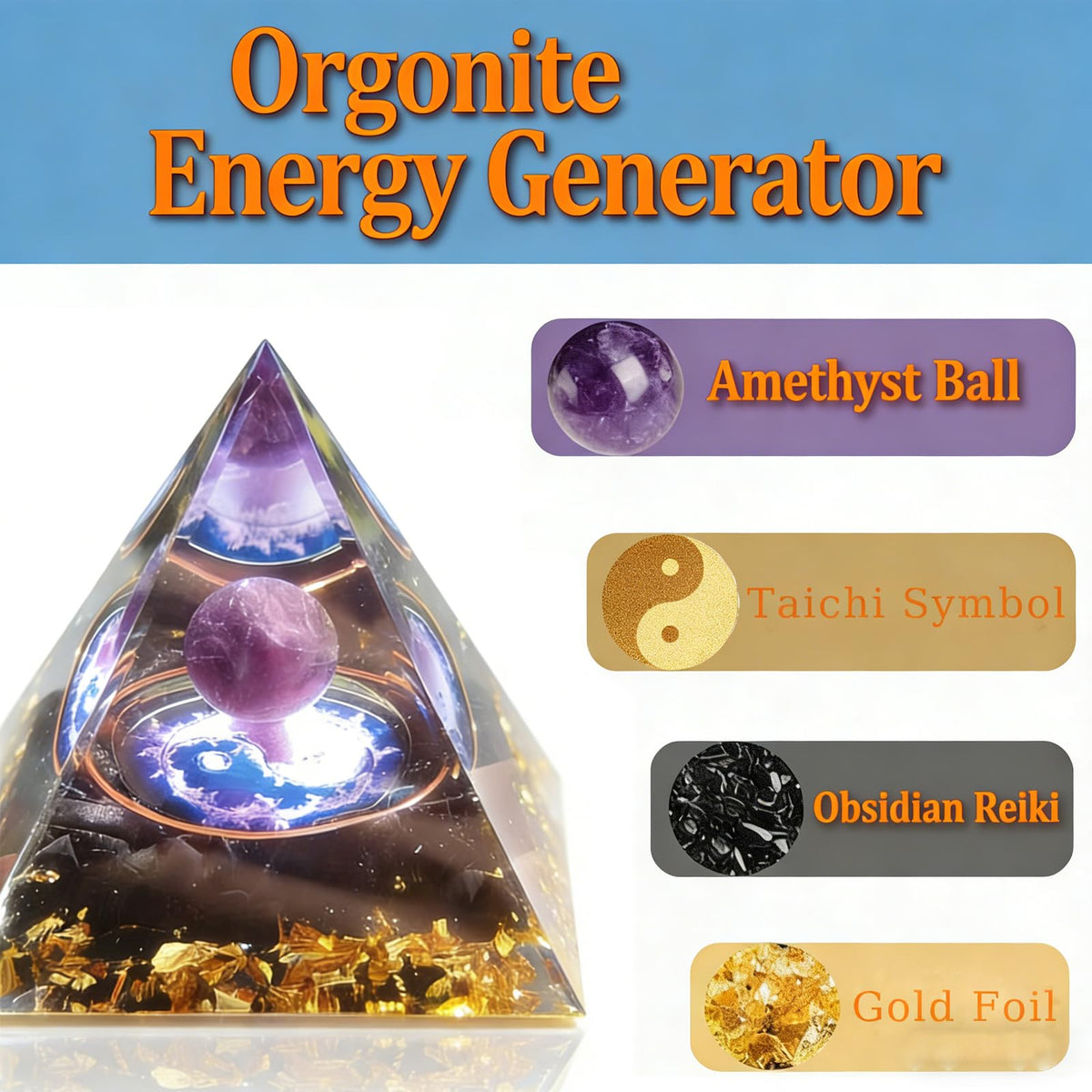 Crystal Column Orgonite Pyramid, Positive Energy Obsidian&Lapis Lazuli Orgone Crystal Healing Pyramid, for Reduce Stress, Balance Chakra, Meditation, Attract Luck, Accumulate Wealth&Health (Purple)