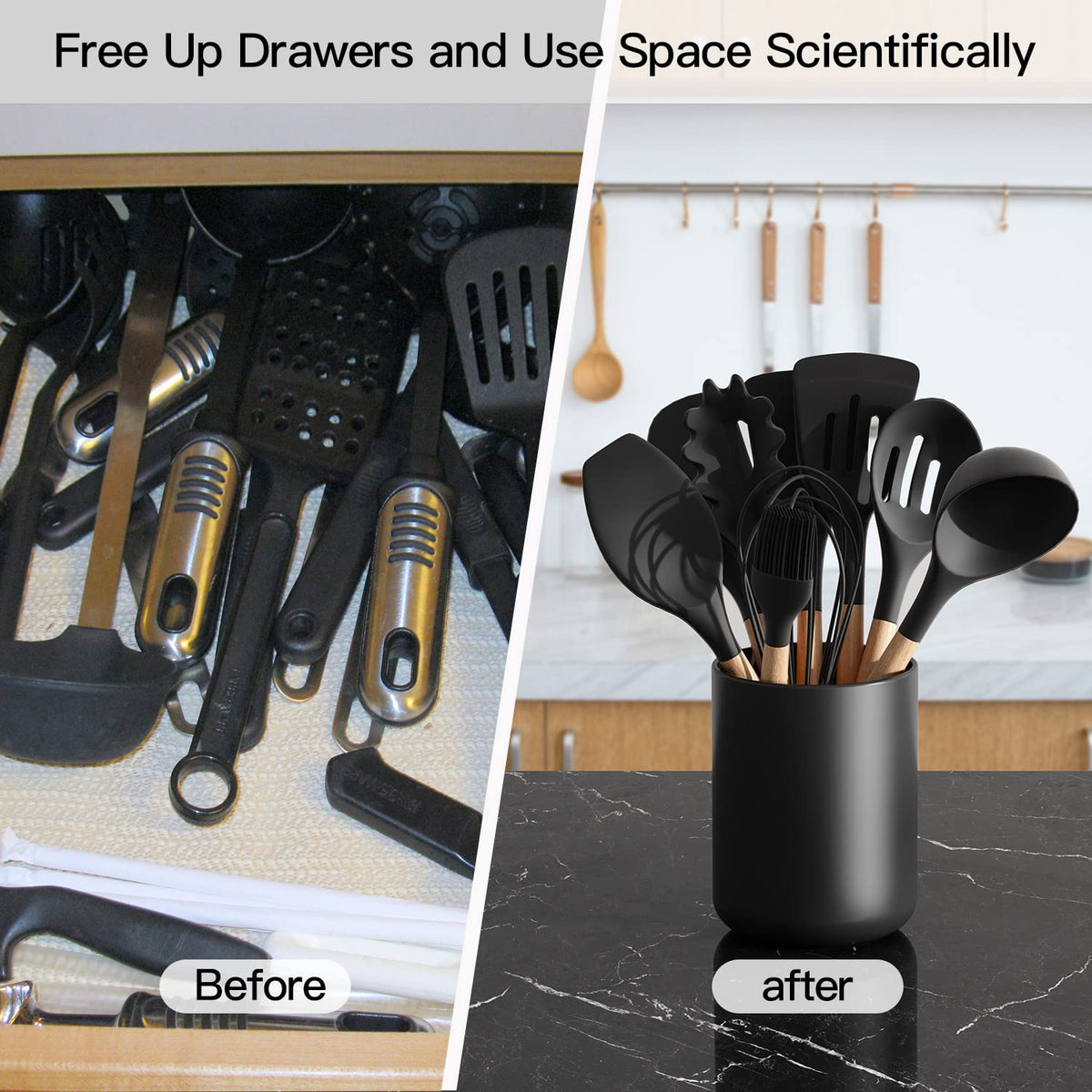 LATCHHOOK Matte Black Utensil Holder for Kitchen Counter, Ceramic Kitchen Utensils Holder for Countertop Easy to Clean, High 6.4” Modern Cooking Spatula Holder Crock for Home decor 4.5×6.4 In