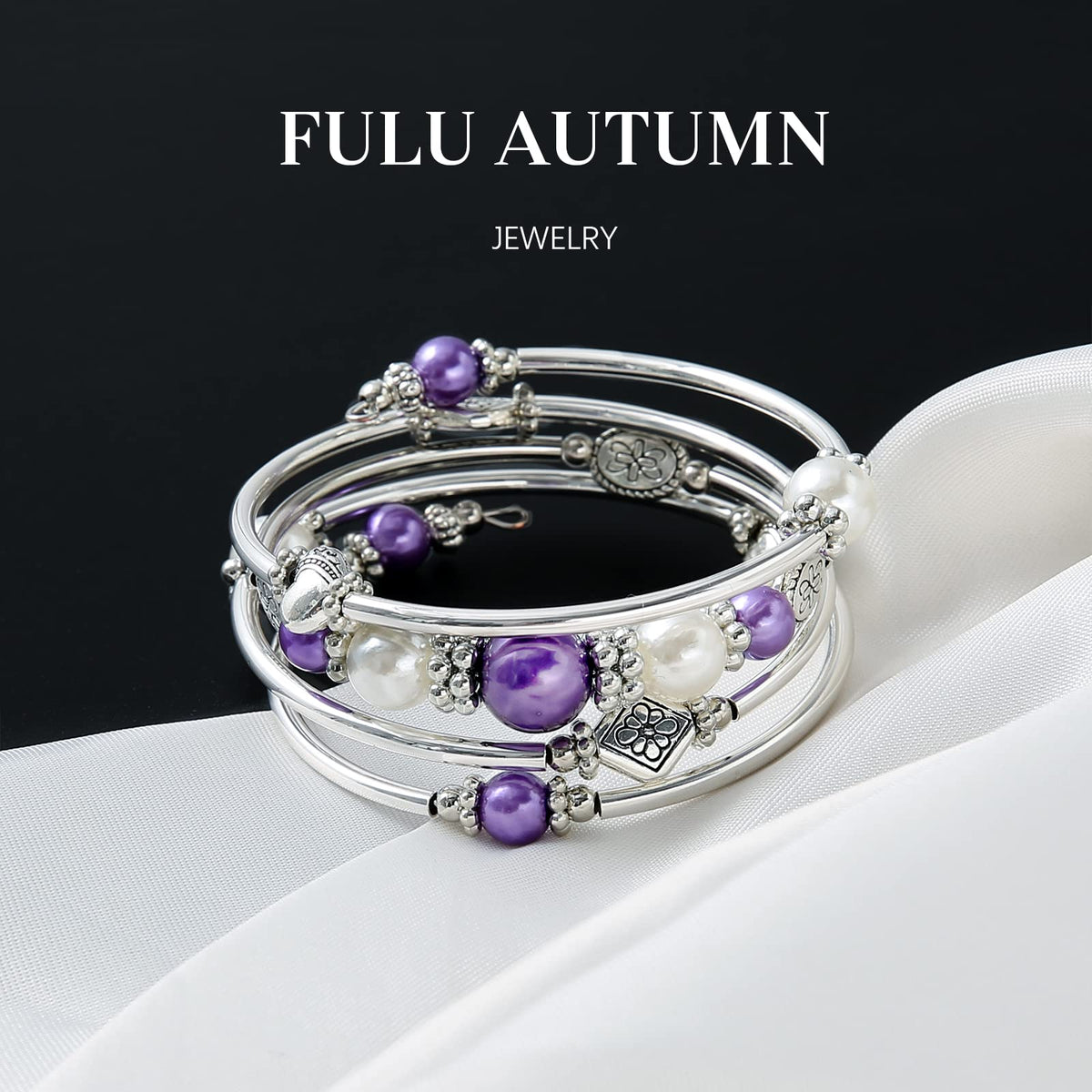 FULU AUTUMN Beaded Pearl Bangle Bracelets for Women Silver Wrap Bangles Bracelet Womens Costume Jewelry Fashion Gift(18-Purple)