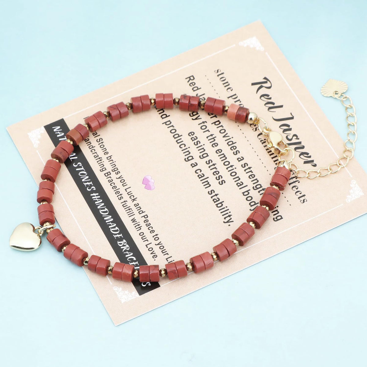 Natural Gemstone Healing Crystal Red Jasper Dainty Charms Heart Bracelet Adjustable Chain Extender Minimalist Jewelry