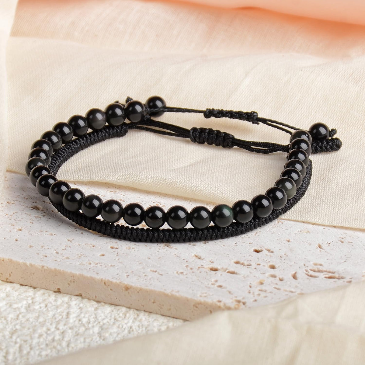 LPBeads 6mm Black Obsidian Bracelet with Handmade Rope Bracelet Size Adjustable Natural Stone Crystal Healing Bracelets Gifts for Unisex Adults