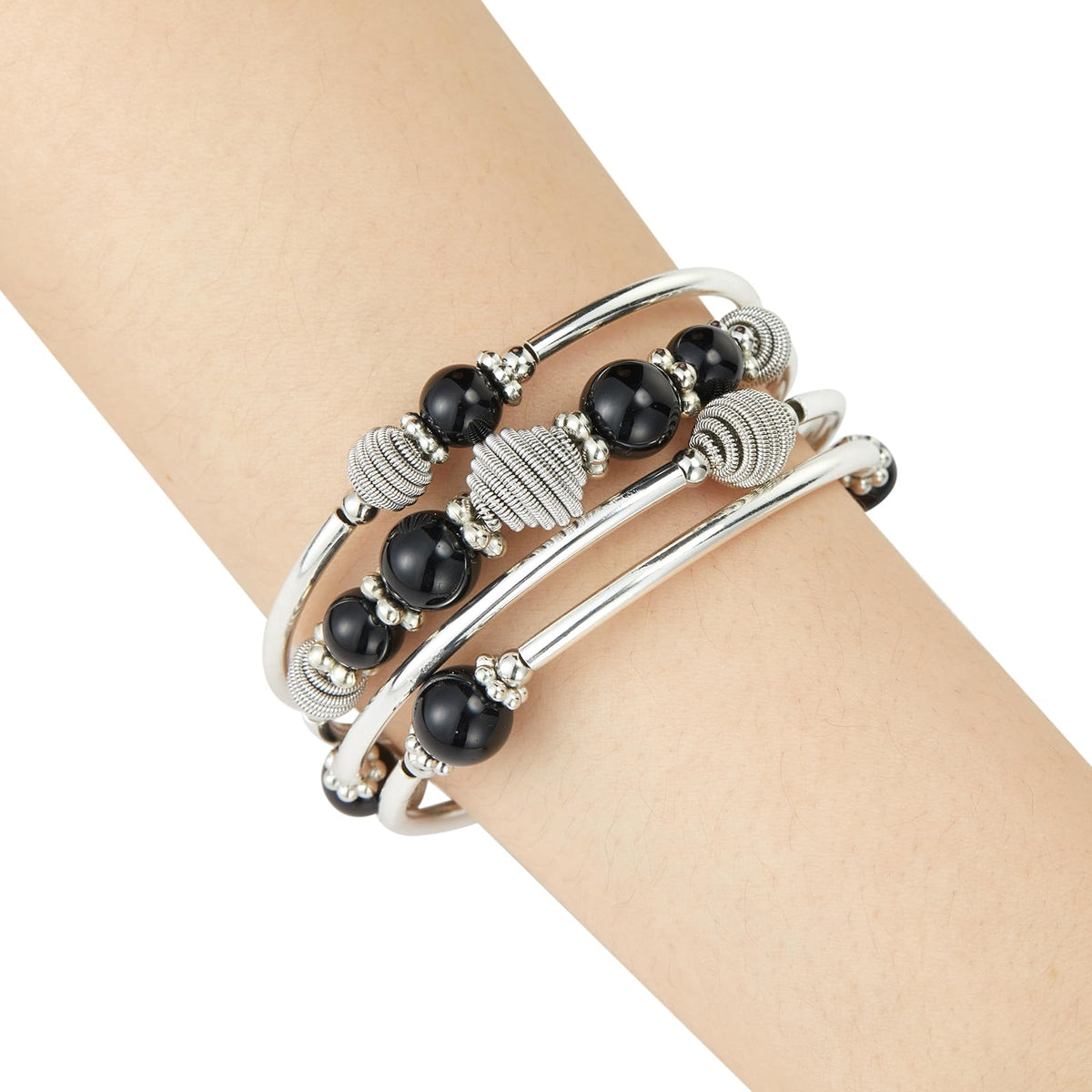 PEARL&CLUB Beaded Chakra Bangle Turquoise Bracelet - Fashion Jewelry Wrap Bracelet with Thick Silver Metal and Mala Beads, Birthday Gifts For Women(Black)