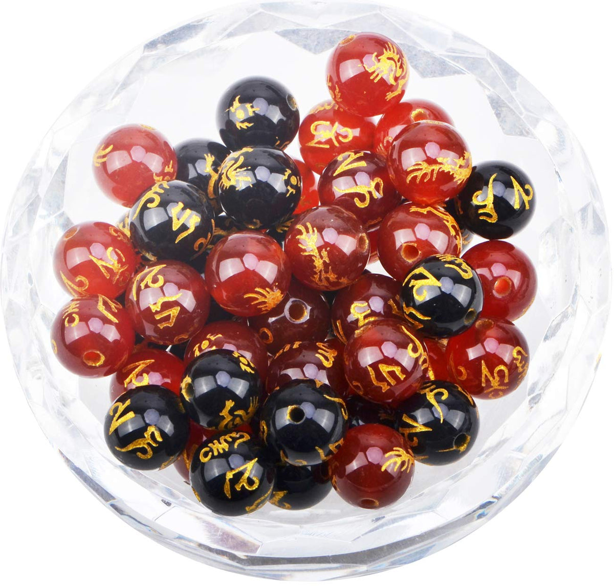 100Pcs Natural Crystal Beads Stone Gemstone Round Loose Energy Healing Beads with Free Crystal Stretch Cord for Jewelry Making (Craved Dragon Mantra Red Black Agate, 8MM)