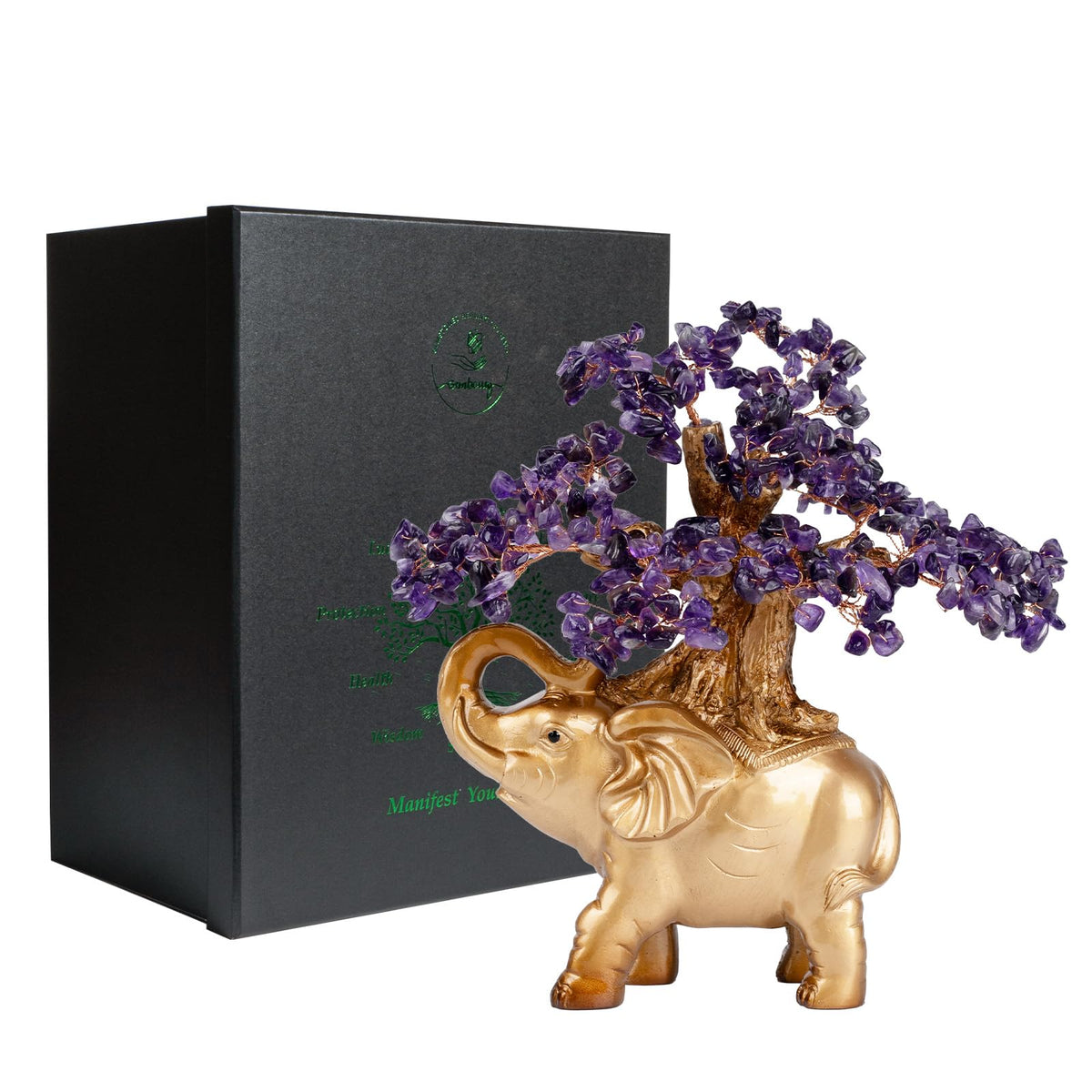 GEMBOURY Amethyst Crystal Money Tree on Gold Mini Elephant Statue, 10”Gemstone Bonsai Tree of Life Home Décor Gifts for Wealth Positive Energy, Feng Shui Décor