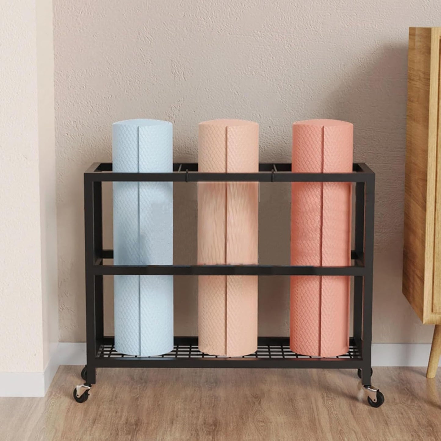 GAZOGJ Metal Gym Equipment Storage Rack with Wheels, Organizer for Yoga Mat, Block, Foam Roller, Resistance Band, Dumbbell, Kettlebell, Space-Saving Home Workout Solut,White
