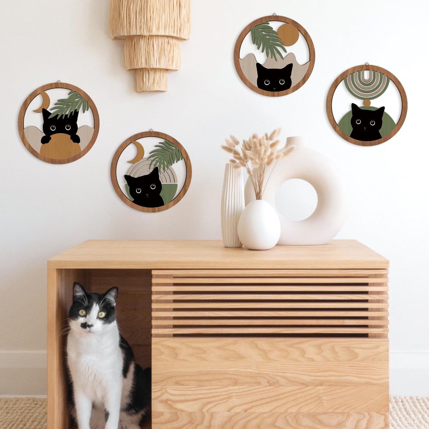 HPNIUB Boho Black Cat Wall Decor, Farmhouse Geometric Hanging Wooden Wall Art, 4 Pieces 10''x10'' Mid Century Bohemian Abstract Moon and Sun Wood Sign for Nursery Bedroom Decoration, Lovely Cat Gifts