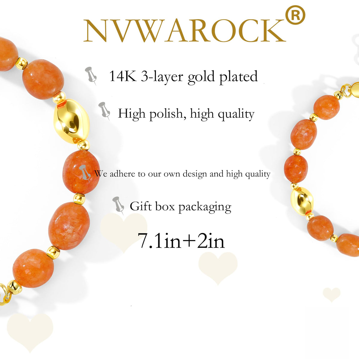 NVWAROCK Beaded Bracelet for Women, Gemstone Bracelet, 14K Gold Plated Stackable Handmade Oval Stone Bracelet Jewelry Gift - Orange