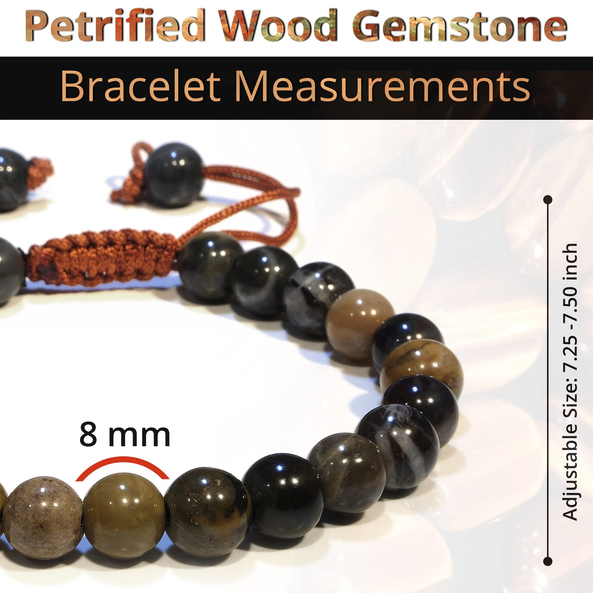 ANAYA AGATE Healing Crystal Bracelet – Chic Gemstone Bracelet for Men and Women – 8mm Round Bead Bracelets for Spiritual Healing, Protection, Positive Energy - Petrified Wood