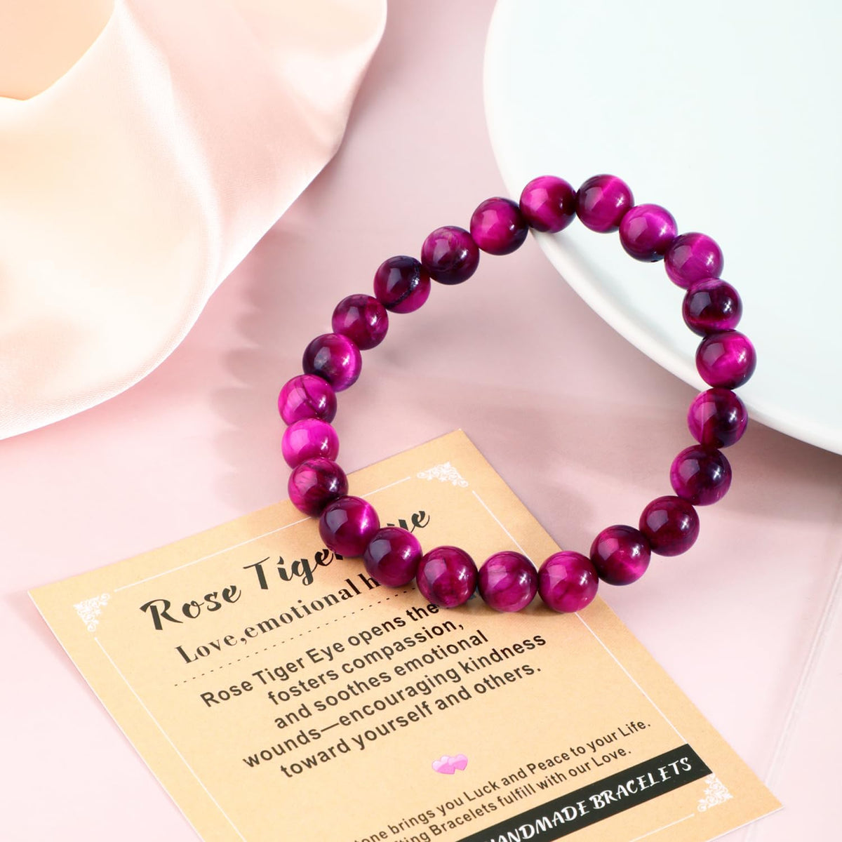 AD Beads 10mm Handmade Rose Tiger Eye Elastic Bracelet – Natural Gemstone for Love,emotional healing. – Meditation, Yoga, Healing and Energy Gift for Men Women
