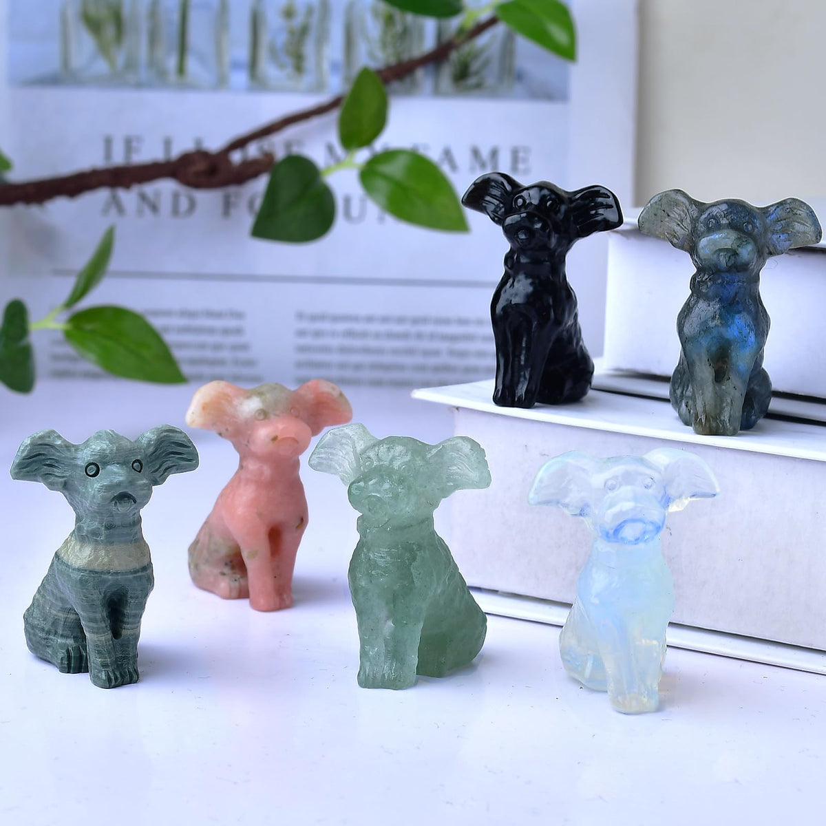 Ytbeoxk 1.8 Inch Opal Dog Crystal Figurines Home Decor,Hand-Carved Healing Crystals,White Dog Cute Puppy Statues Stone Energy Gemstones,in Bedroom Office Memorial Gifts for Women and Men