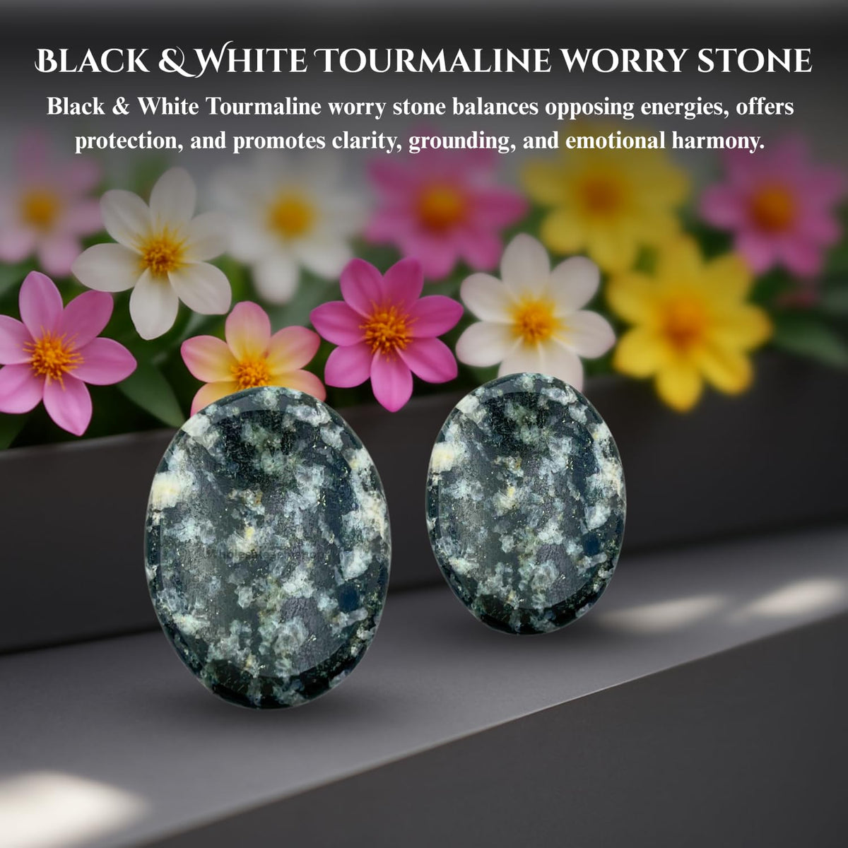GEMSCITE Black & White Tourmaline Thumb Worry Stones Metaphysical Gemstone Crystal Healing Reiki Men Women Gift Feng Shui Positive Energy Love Wellness Palm Stones Wicca Powerful