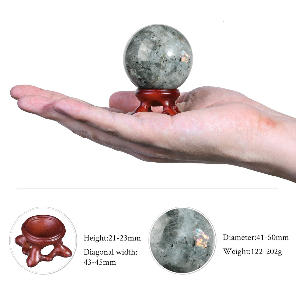 TUMBEELLUWA Labradorite Crystal Ball with Stand for Fortune Teller Witchcraft Divination, Decorative Gemstone Sphere for Home Decor, 41-50 mm