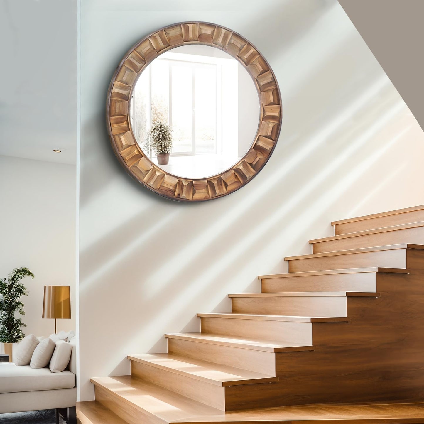XGGJWW 30 Inch Dark Solid Wood Round Wall Mirror, Brown Wooden Decorative Circle Mirror for Bathroom, Bedroom, Living Room, Entryway, Hallway, or Foyer