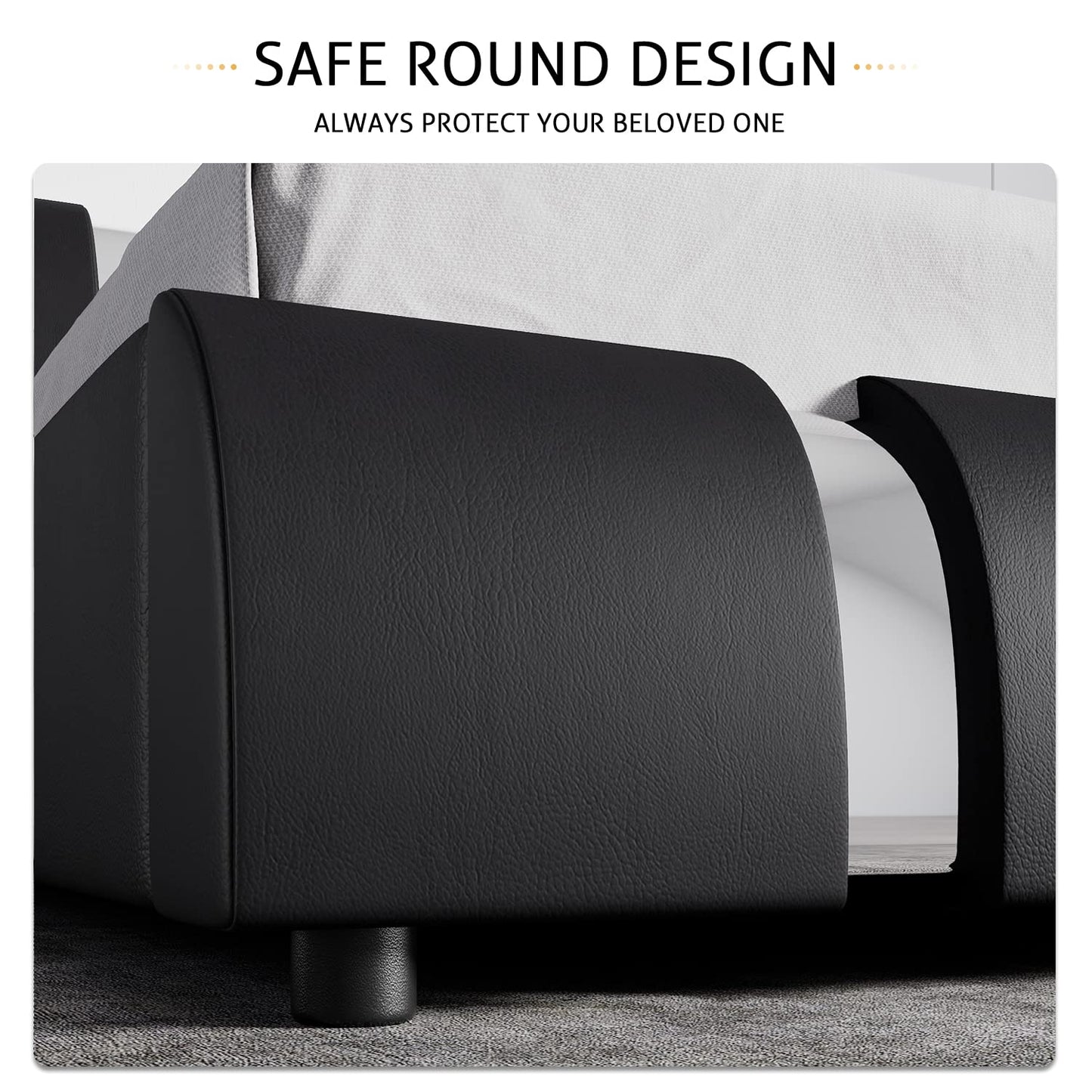 SHA CERLIN Modern Faux Leather Queen Bed Frame with Adjustable Headboard and Iron Accents, Deluxe Upholstered Platform Bed with Solid Wooden Slats Support/No Box Spring Needed, Black