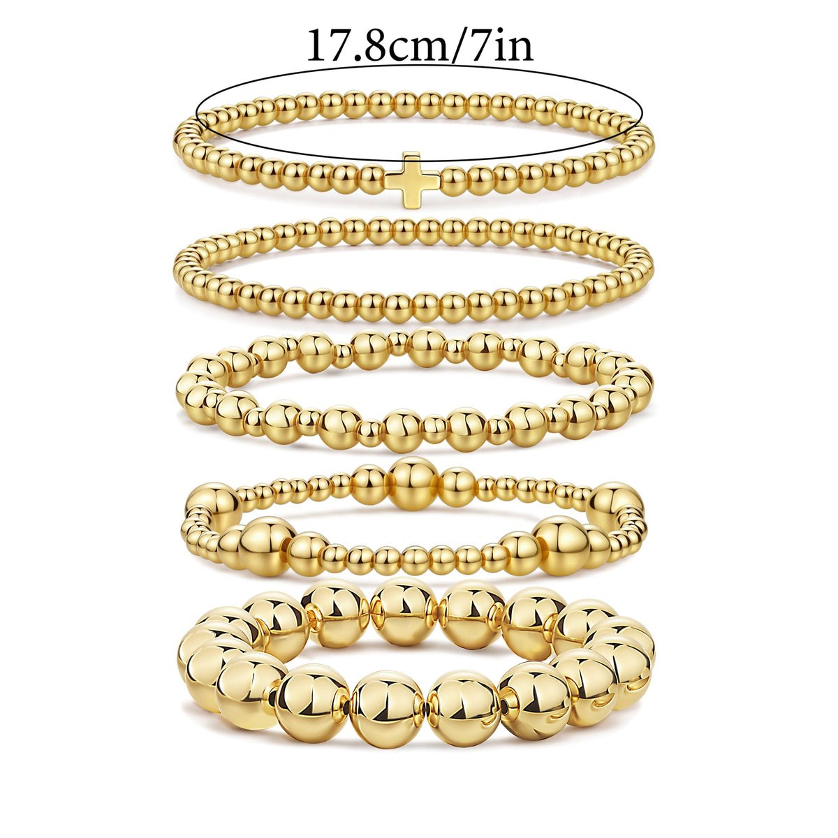 Qiuseadu Chunky Gold Beaded Stack Bracelets Beads Ball Cross Colorful Statement Bracelets Set for Women (Full Gold Statement)