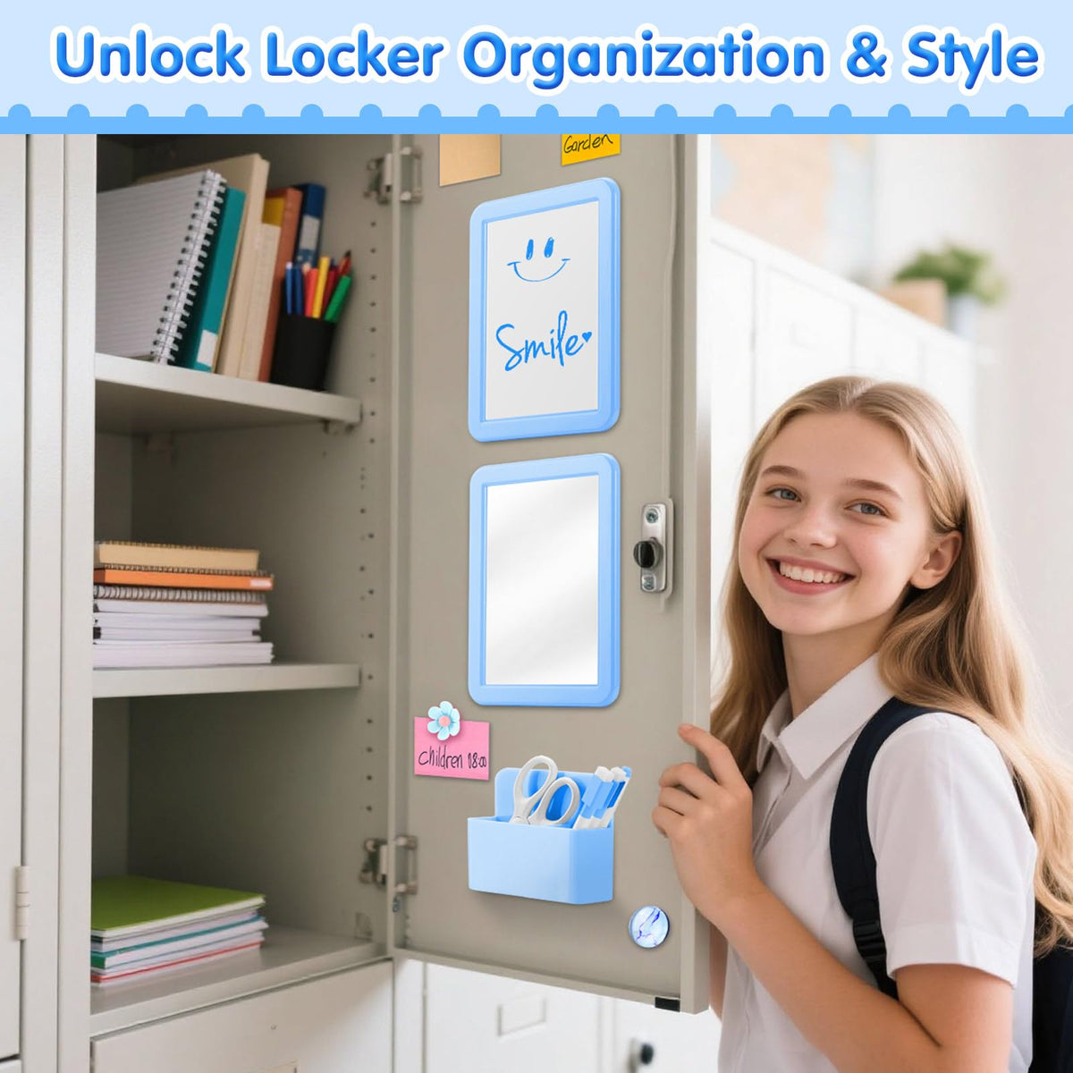 MoKo Locker Accessories Set, 15PCS Back to School Supplies Includes Magnetic Mirror, Whiteboard, Markers, Pen Holder, Magnets, Locker Organizer for School Office (Blue)