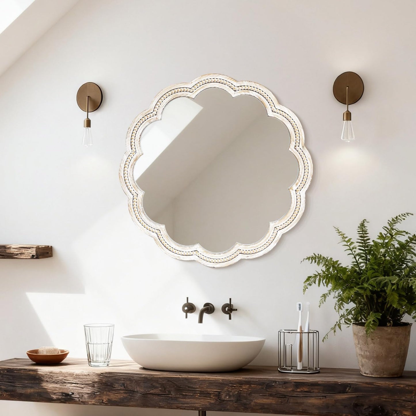 UPPER DECOR 30 Inch Round Wall Mirror, Whitewashed Wooden Frame with Scalloped Edge & Beaded Trim, Decorative Farmhouse Boho Mirror for Bedroom, Bathroom, Living Room, Entryway