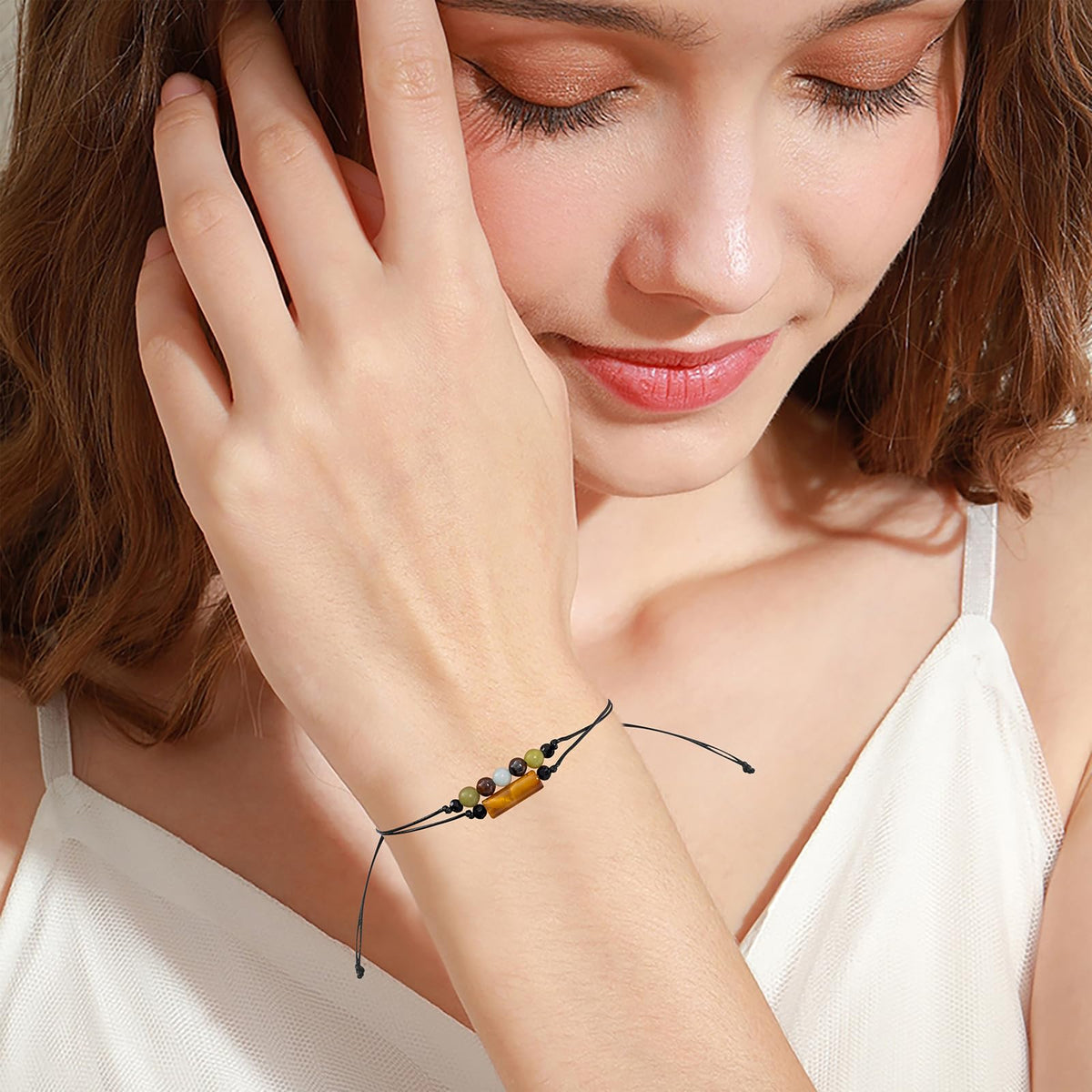 MTJAHPS Wristband Bracelet, Black, Lucky Beads, Energy Protection, for Women, Anxiety and Stress Relief, Sliding Knot, Adjustable 5-7.5 inch, Reiki Gift
