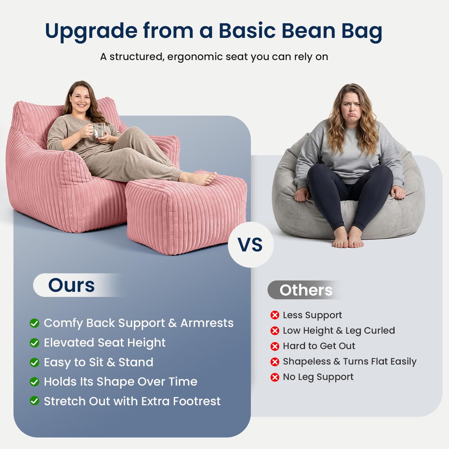 Giant Bean Bag Chair with Footstool for Adults, Fluffy Boneless Lounge Sofa Chair, Superior Large Reading Floor Sofa Bed, Oversized Accent Comfy Couch for Living Room, Bedroom (Pink, with Ottoman)