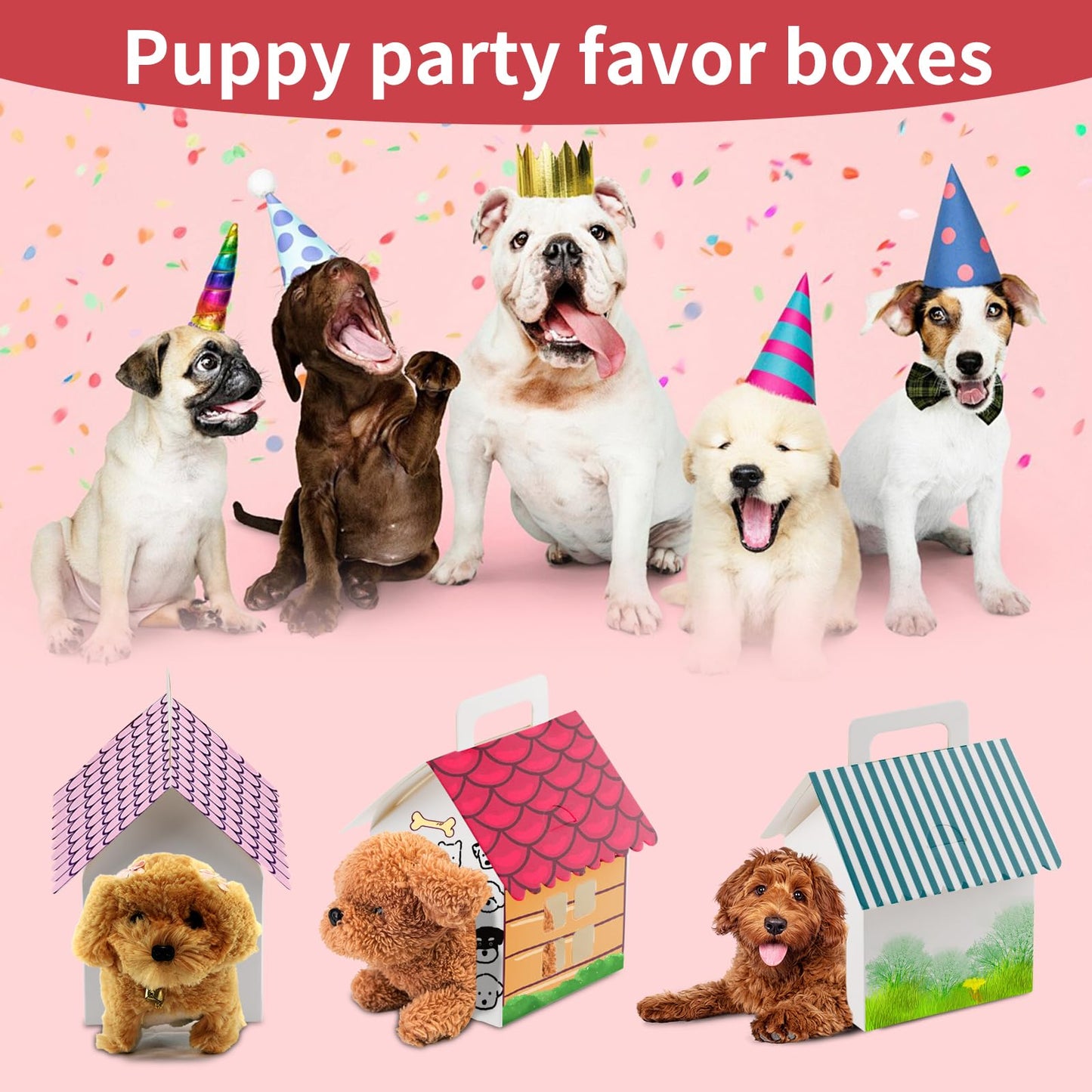 24 Pcs Dog Party Favor Boxes,White Foldable Dog House Shaped Treat Gift Boxes with Handles,Holes,Window Design,Fit for Back to School Favors,Puppy Pet Adoption Parties,Birthday Decorations,DIY Crafts