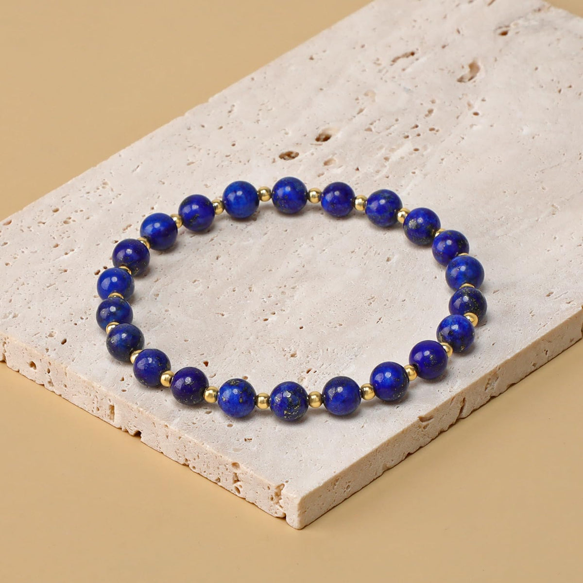 QOGIR Lapis - Stone of Spiritual Insight - 14K Gold Plated Beads Natural Gemstone Stretch Elastic Dainty Healing Beaded Bracelets Gifts 6mm
