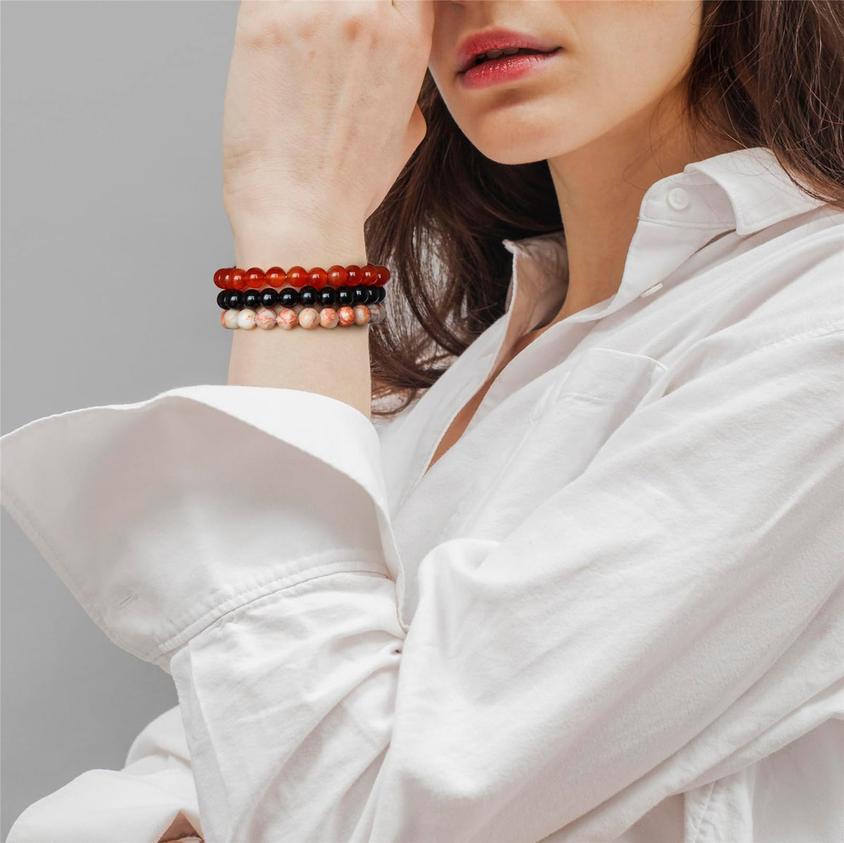 Risyfjew 3 PCS Healing Crystal Bracelet Women 8mm Natural Stone Beaded Stretch Bracelet Red Agate Net Jasper Jewelry Gifts