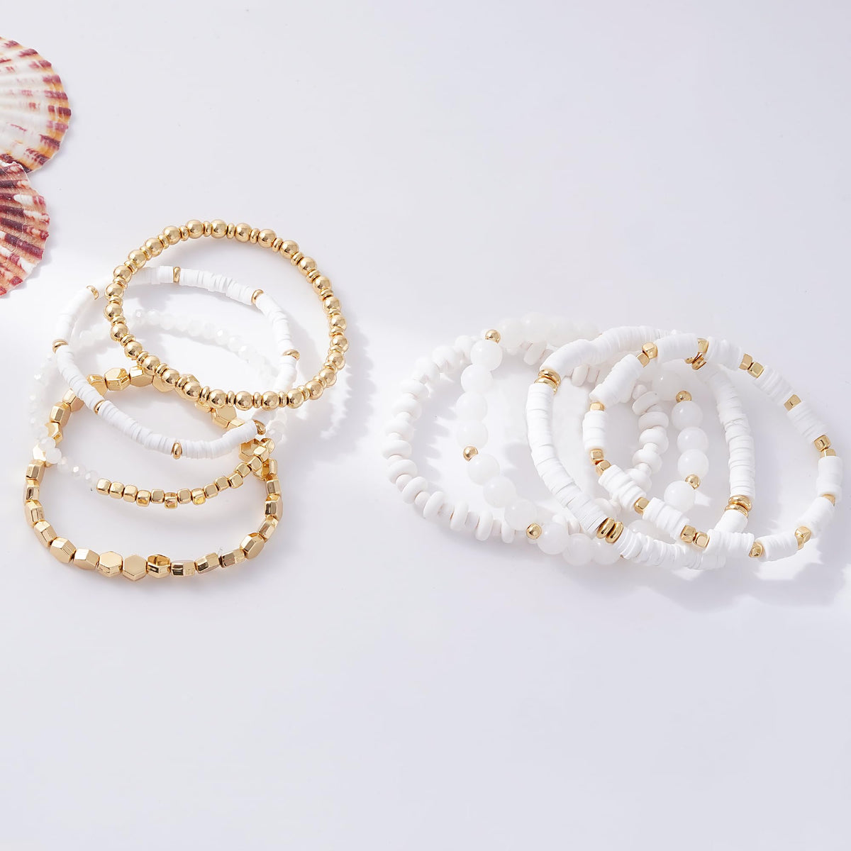 GOOJIDS White Surfer Heishi Clay Bead Bracelets for Women Bohemian Stackable Gold Plated Beaded Stretch Bracelets Elastic Layering Friendship White Bracelets Set Boho Jewelry