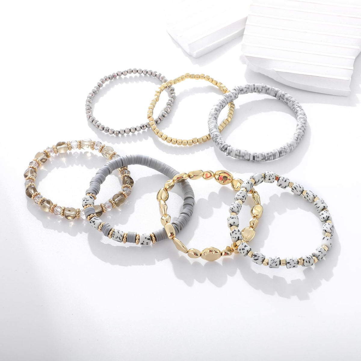 GOOJIDS Surfer Heishi Clay Spotted Bead Bracelets for Women Stackable Gold Plated Beaded Stretch Bracelets Elastic Layering Friendship Bracelets Set Boho Jewelry