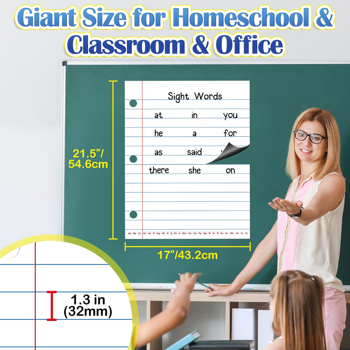 Aizweb Giant Magnetic Lined Notebook Paper,2 Dry Erase Sheets,Total Area 17" x 21.5",Handwriting Practice for Classroom Whiteboard,Chart Paper Teacher Must Have Homeschool Teaching Supplies